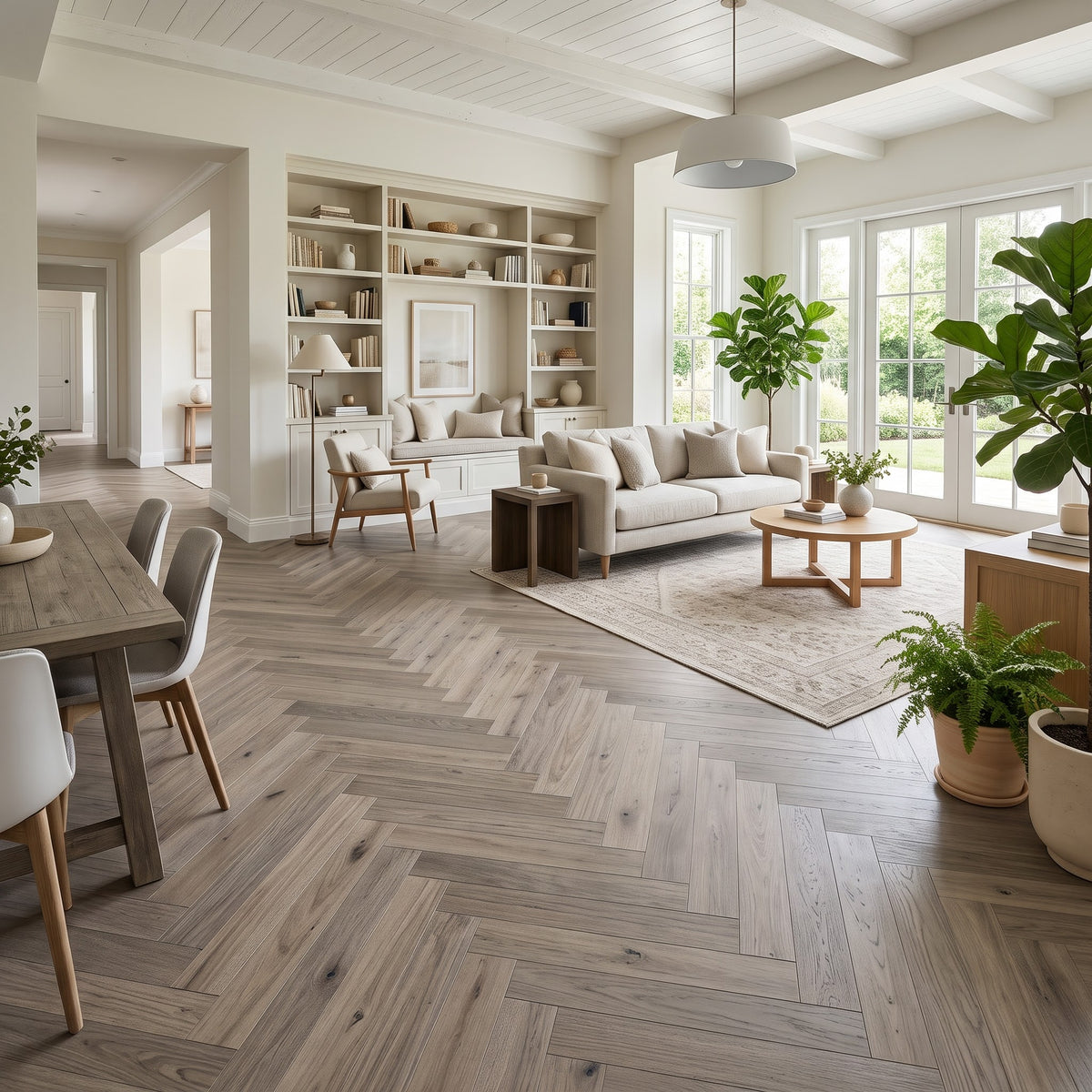 Crown & Core Balmoral Oak herringbone engineered flooring, dark oak