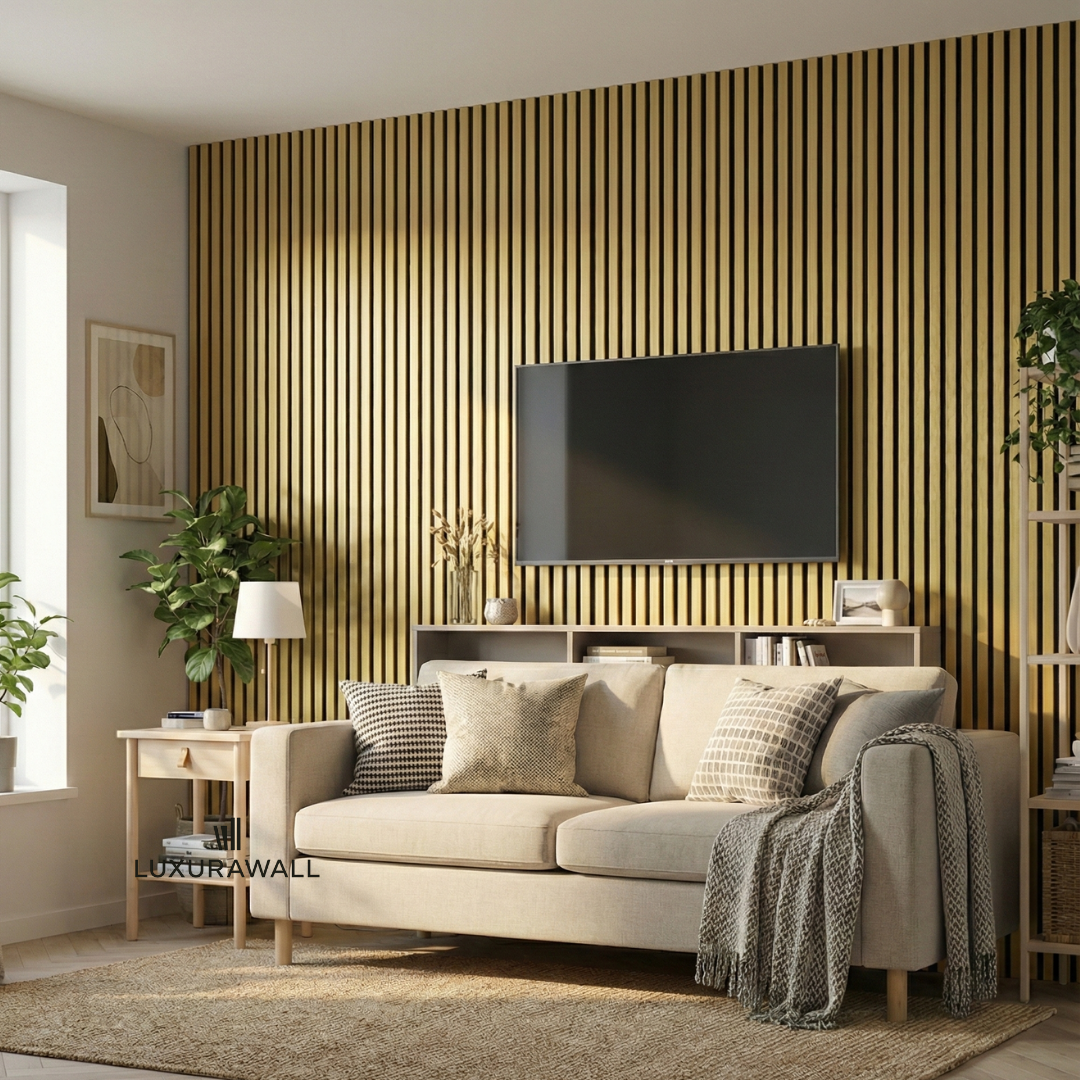 Gold slat acoustic wall panelling, warm gold finish