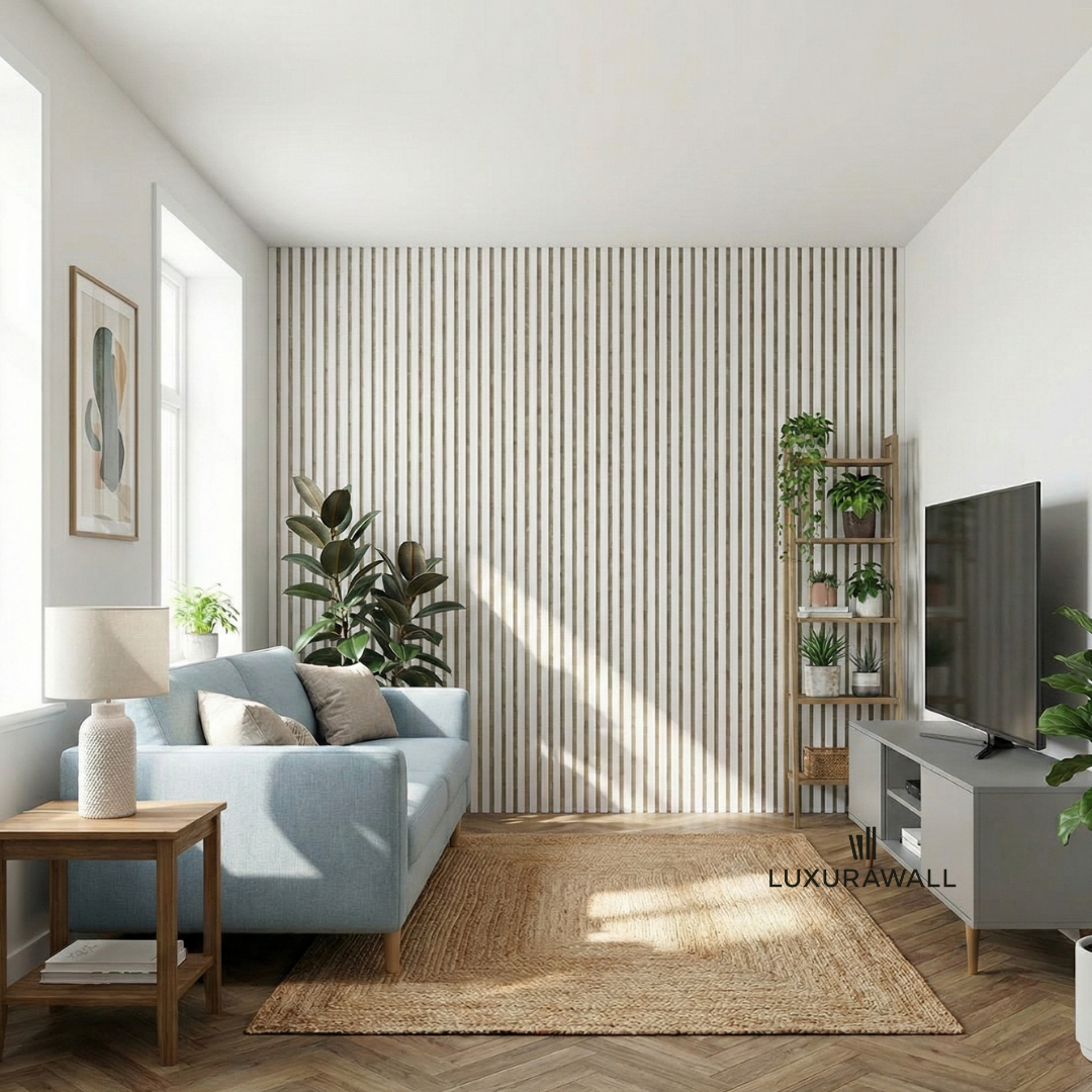 White slat acoustic wall panelling with beige felt backing