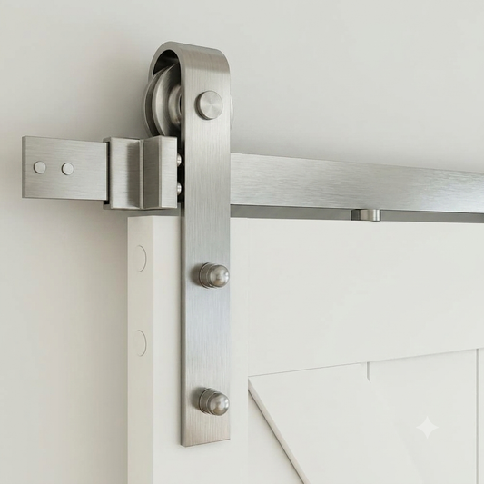 Barn door sliding rail, satin nickel, close-up