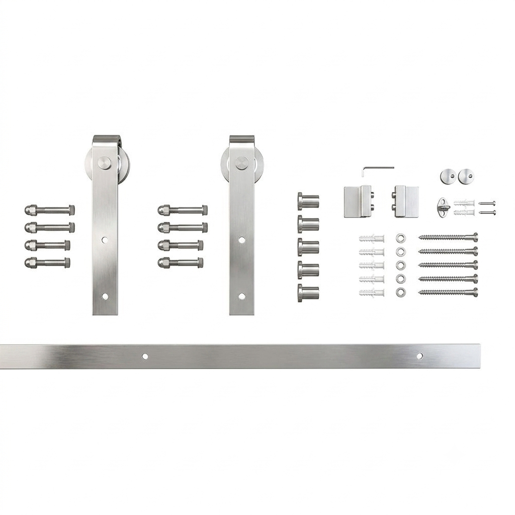 Barn door sliding rail, satin nickel, hardware detail