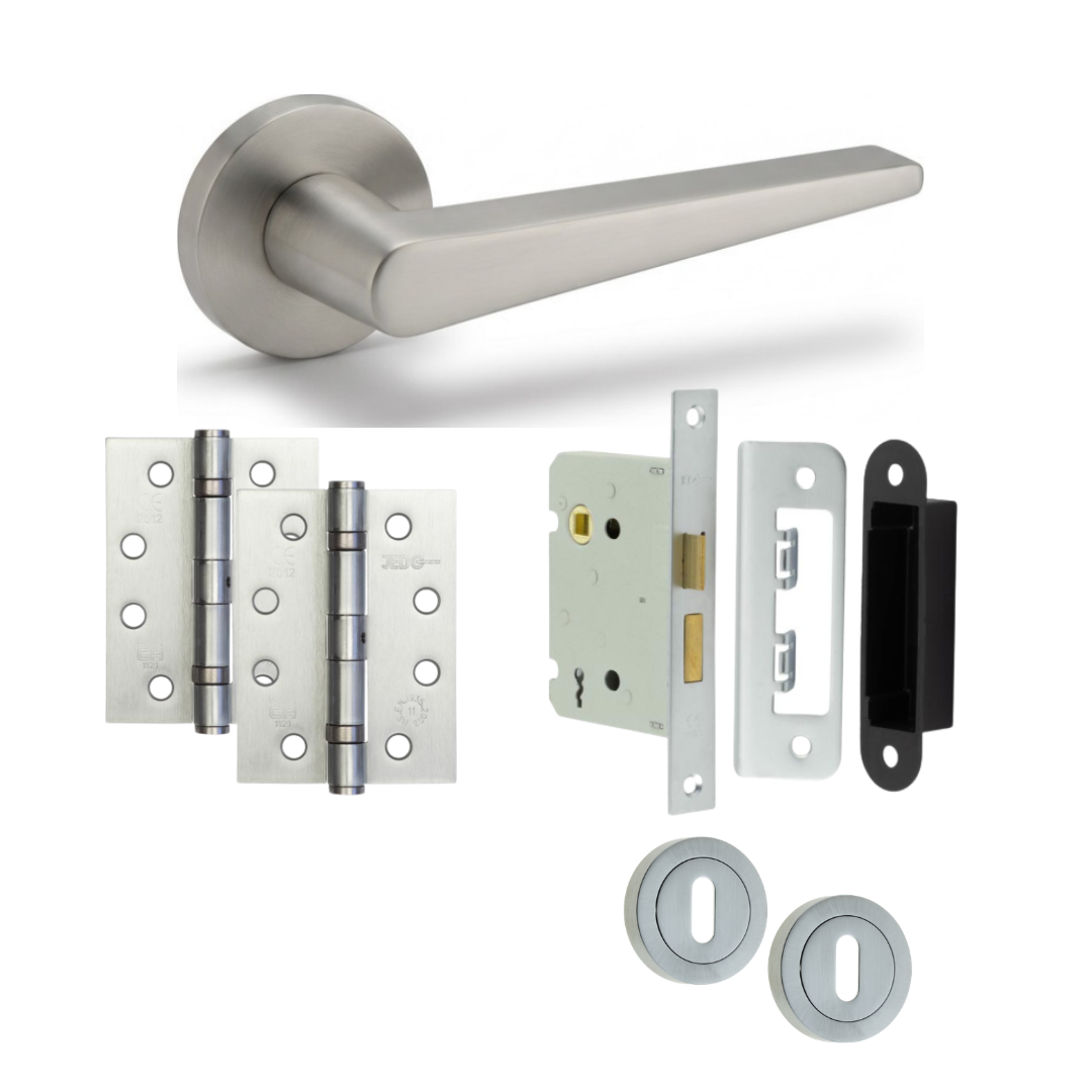Geneva satin nickel door handle with hinges, mortice lock and keyhole escutcheons