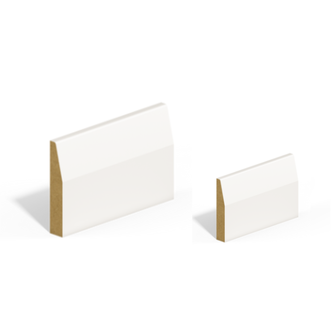 Half-splayed chamfered primed skirting and architrave