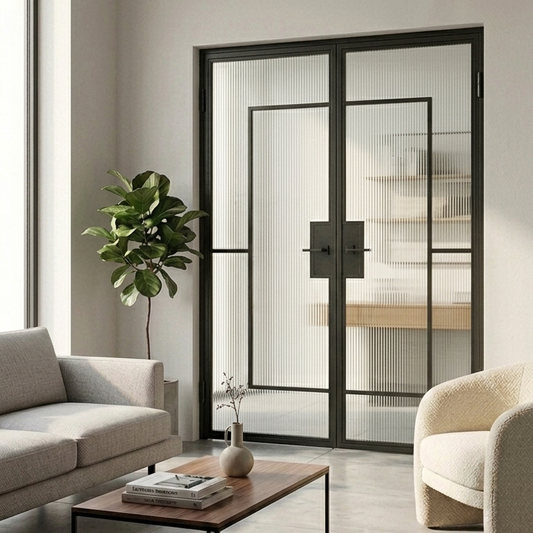 Modern living room with Crittall-style internal black reeded glass door - Barcelona