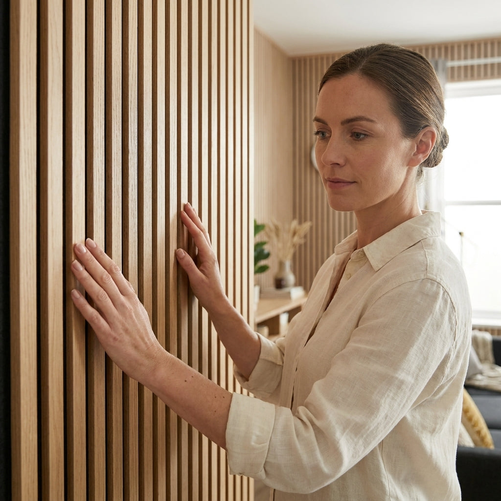 Slat Acoustic Wall Paneling Washed Oak Black Felt