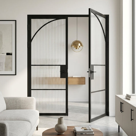 Steel black Crittall-style internal reeded glass door - Paris arched top