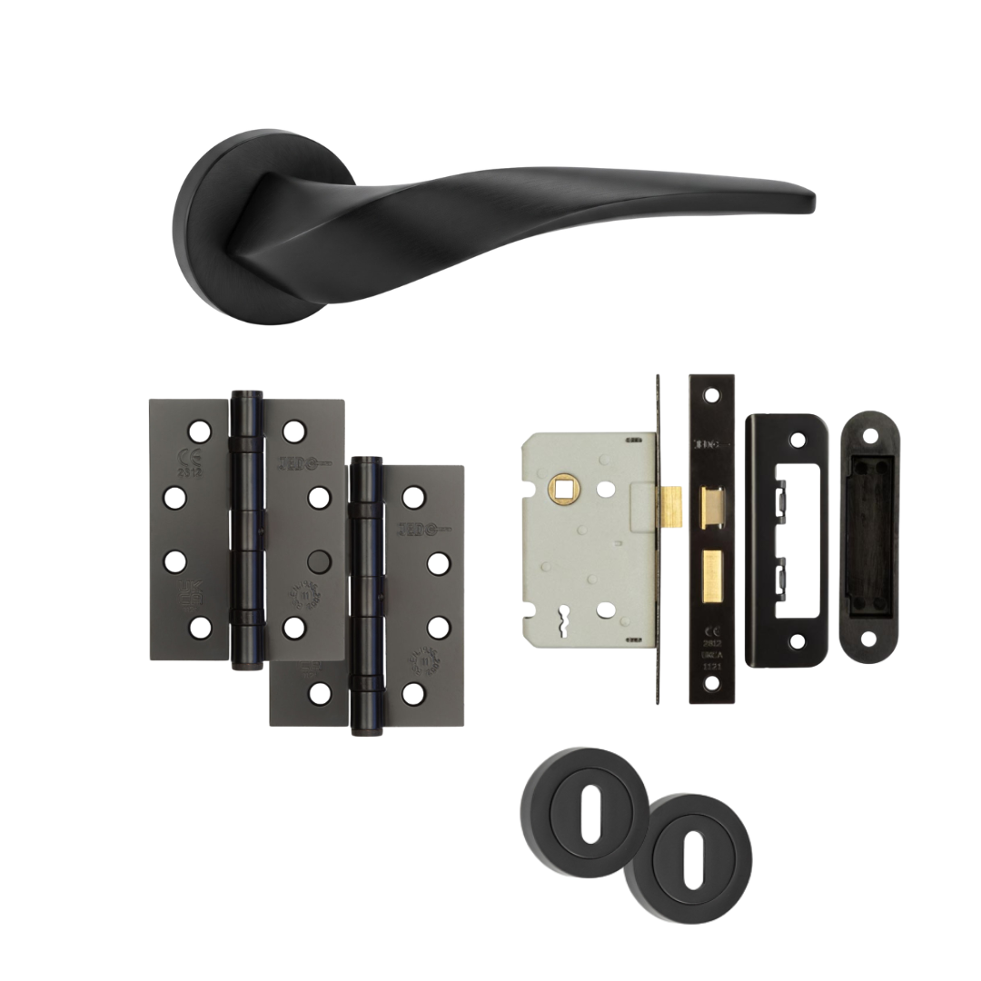 Vogue matt black door handle with hinges, mortice lock and keyhole escutcheons