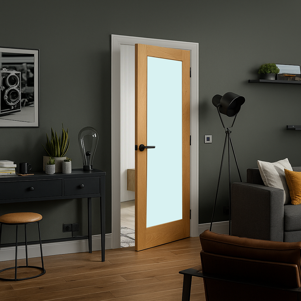 WC15G Oak Shaker internal door with frosted glass - solid oak, crown-cut veneer finish
