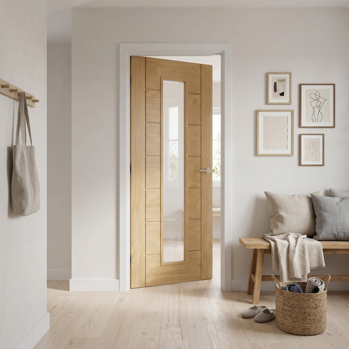 WC19GC oak contemporary internal door with clear glass, fitted in a hallway