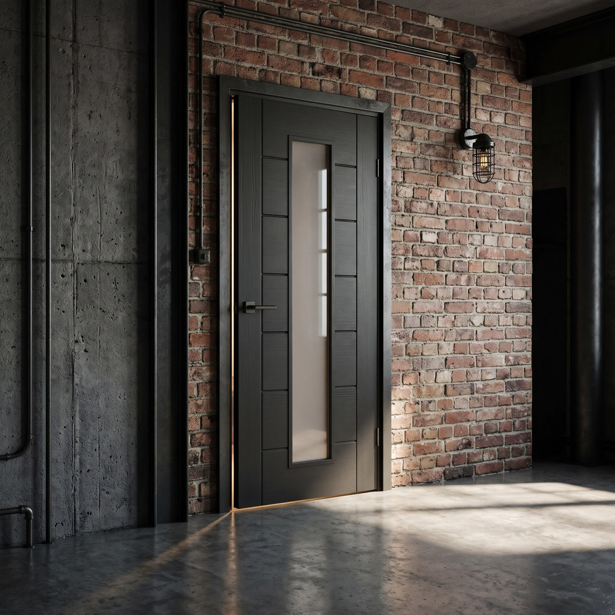 WC19GF black internal door with frosted glass, against an exposed brick wall