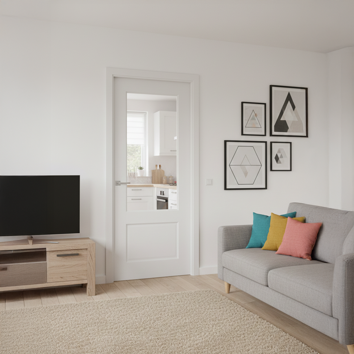 WC33GC 2 panel white internal door, clear glass