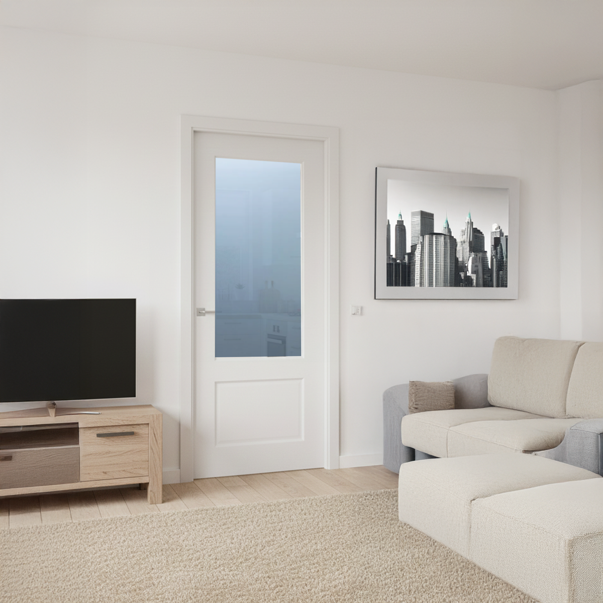 WC33GF 2 panel white internal door, frosted glass