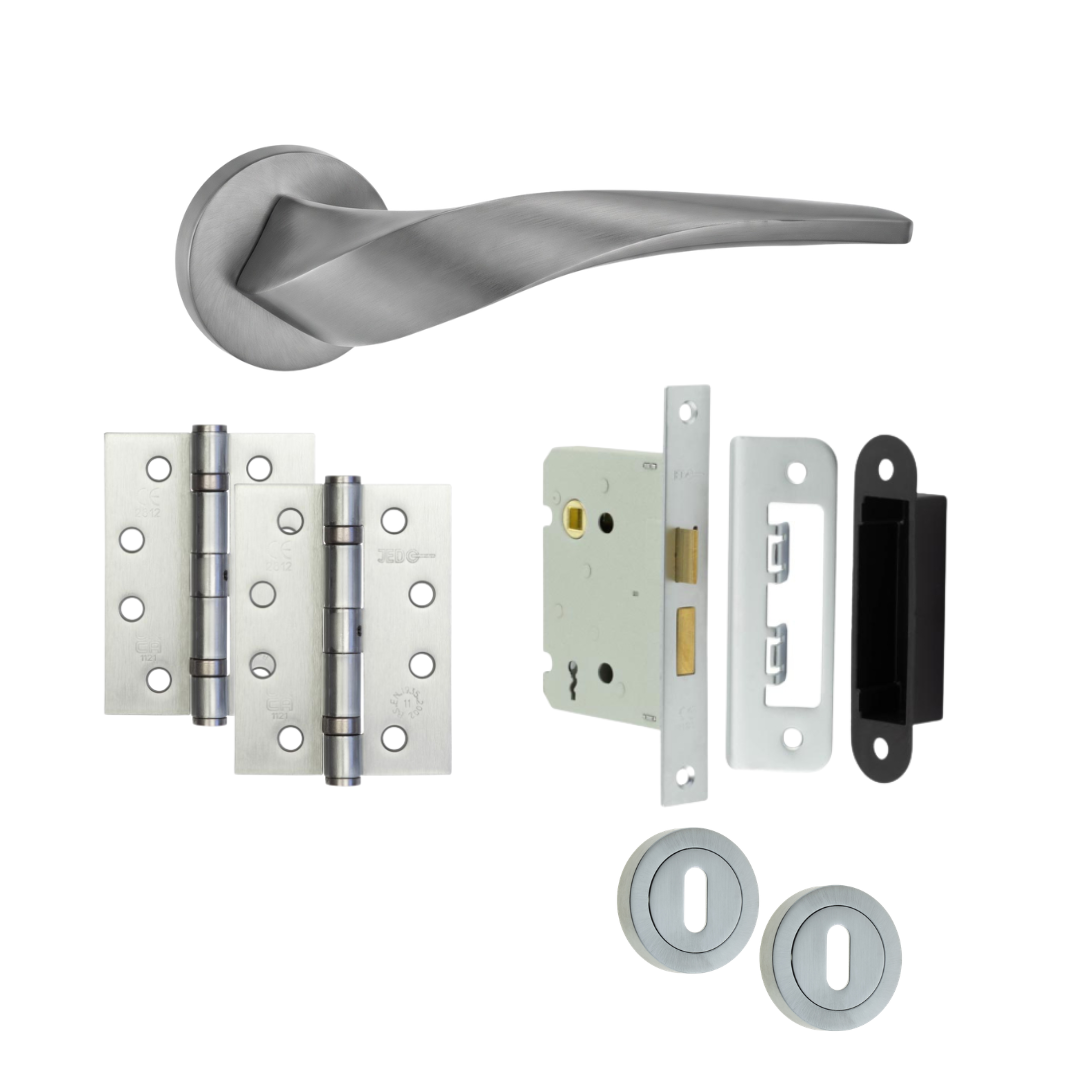 Zurich satin nickel door handle with hinges, mortice lock and keyhole escutcheons