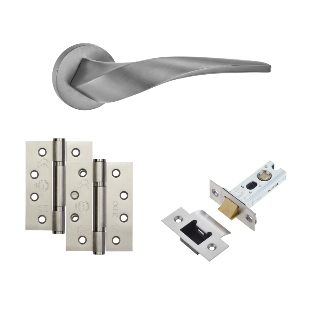Zurich satin nickel door handle with satin hinges and tubular latch