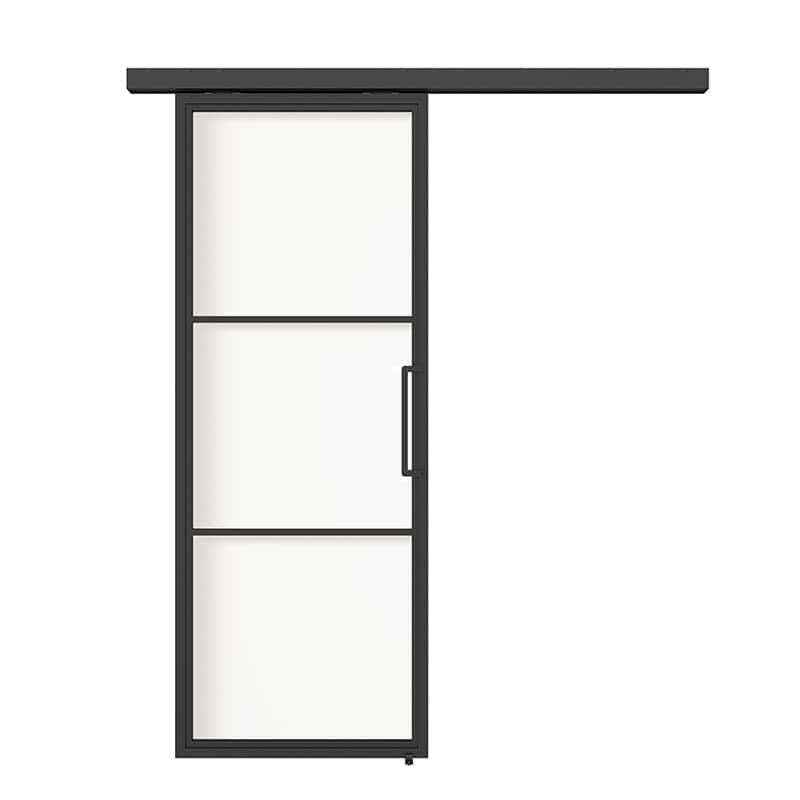 Black powder coated steel frame detail on 3 panel sliding glass door