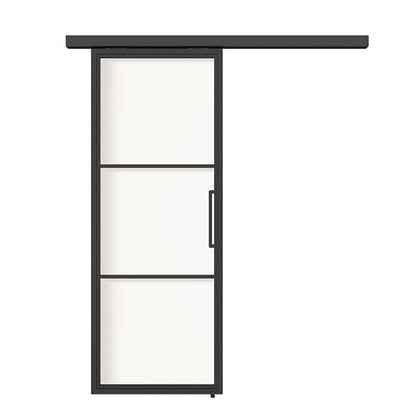 Black powder coated steel frame detail on 3 panel sliding glass door