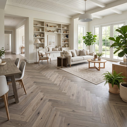 Crown & Core Balmoral Oak herringbone engineered flooring, dark oak