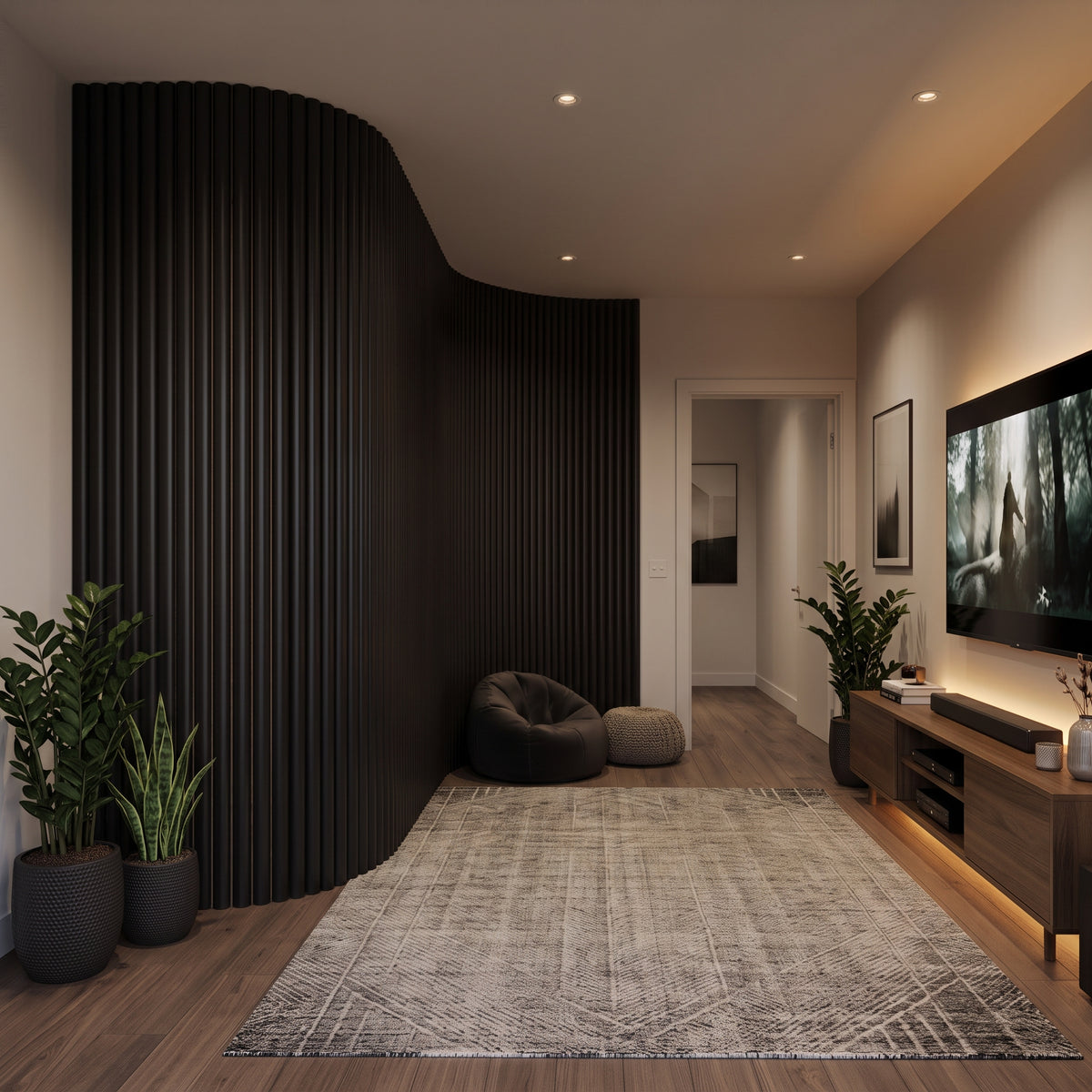 Black flexible fluted reeded acoustic tambour panel, lifestyle image