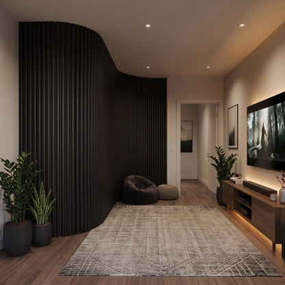 Black flexible fluted reeded acoustic tambour panel, lifestyle image