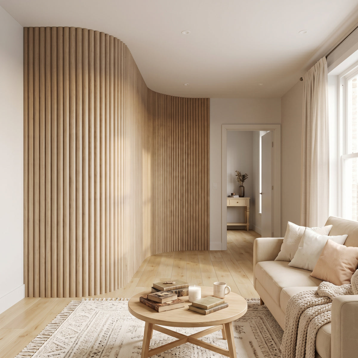 Classic Oak flexible fluted reeded acoustic tambour panel, lifestyle image