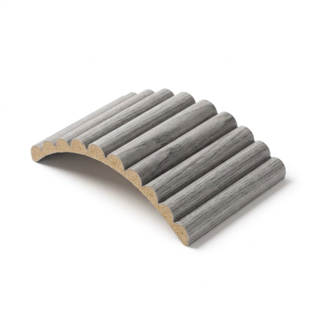 Grey flexible fluted reeded acoustic tambour panel, 2400 x 600mm