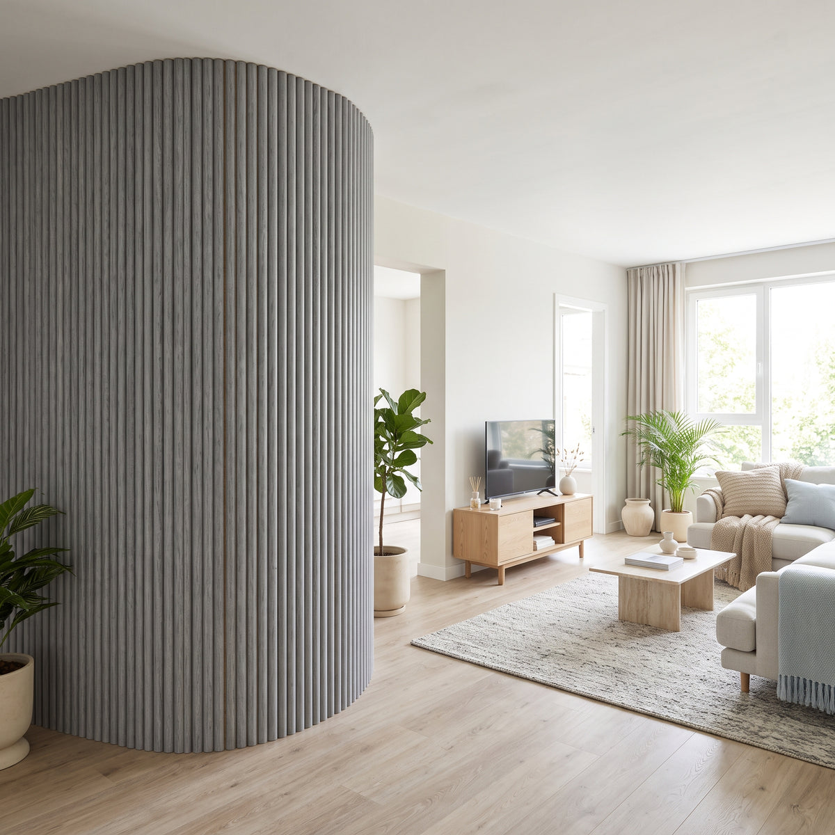 Grey flexible fluted reeded acoustic tambour panel, lifestyle image