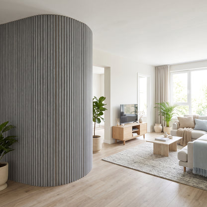 Grey flexible fluted reeded acoustic tambour panel, lifestyle image