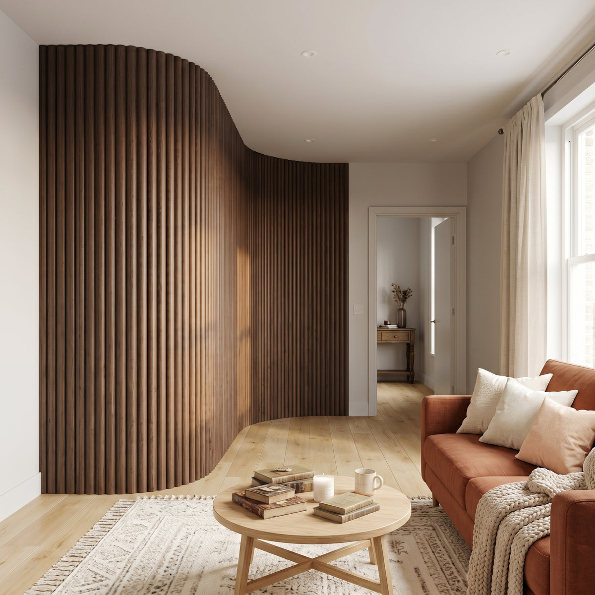 Walnut flexible fluted reeded acoustic tambour panel, lifestyle image