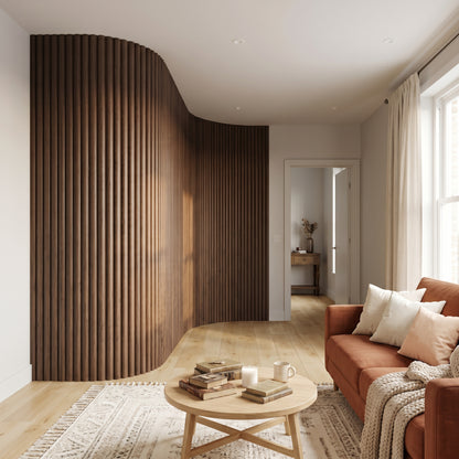 Walnut flexible fluted reeded acoustic tambour panel, lifestyle image