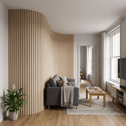 Washed Oak flexible fluted reeded acoustic tambour panel, lifestyle image
