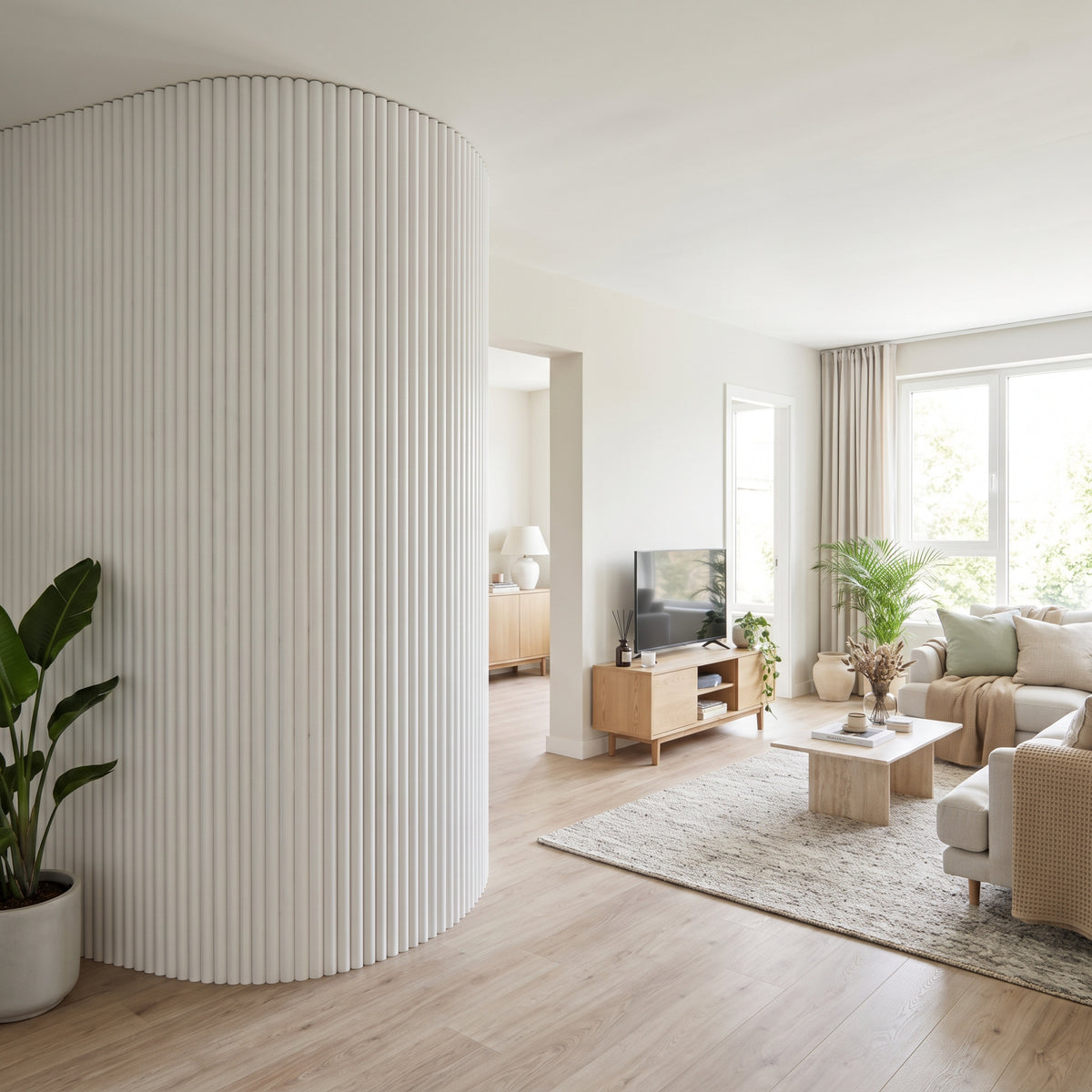White flexible fluted reeded acoustic tambour panel, lifestyle image