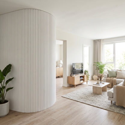 White flexible fluted reeded acoustic tambour panel, lifestyle image