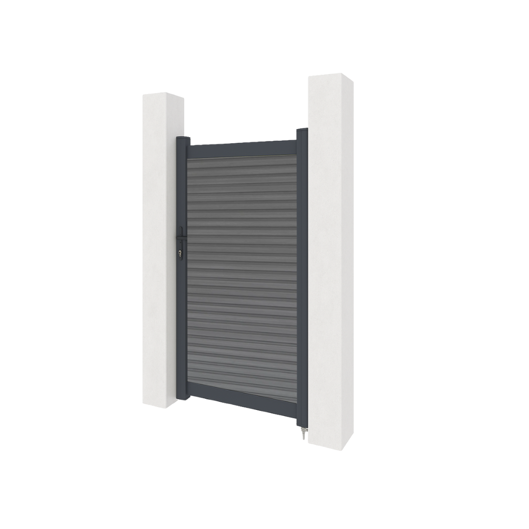 Aluminium gate with composite panels - Stone Grey slatted