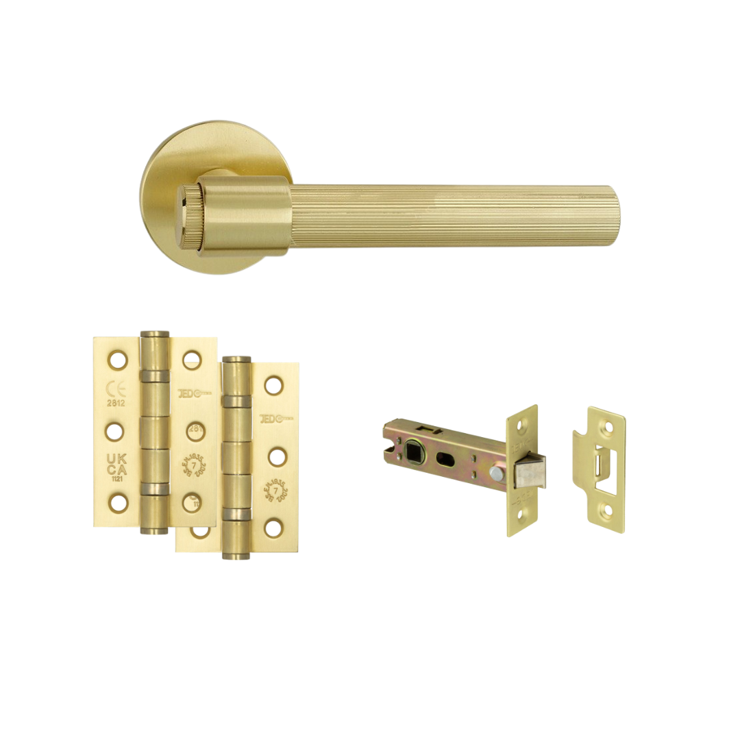 Brussels satin brass door handle, hinges and latch set