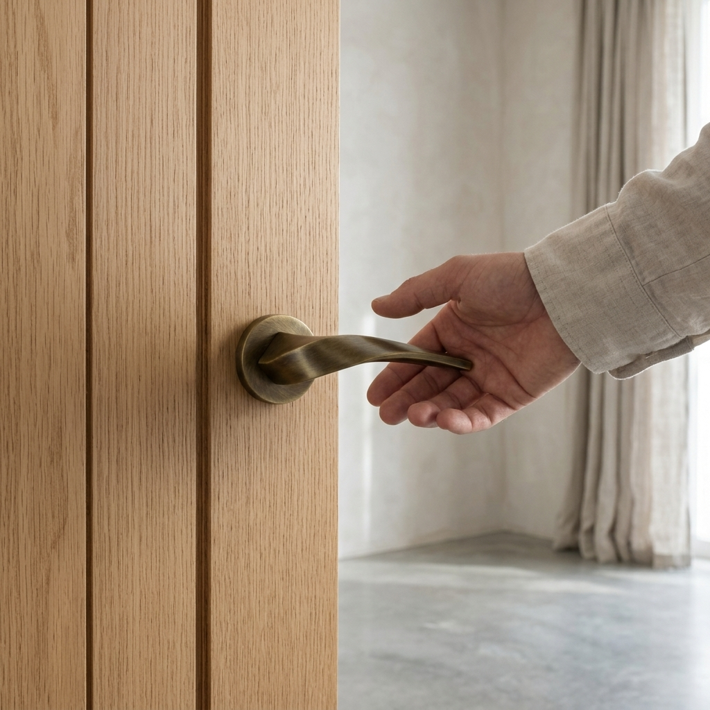 Chelsea antique brass internal door handle, twisted lever on round rose, fitted to an oak door