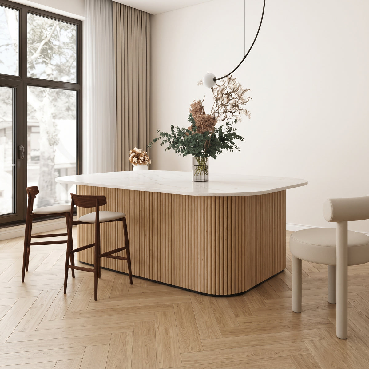 Classic Oak flexible fluted reeded acoustic tambour panel wrapped around a curved island counter, white wall