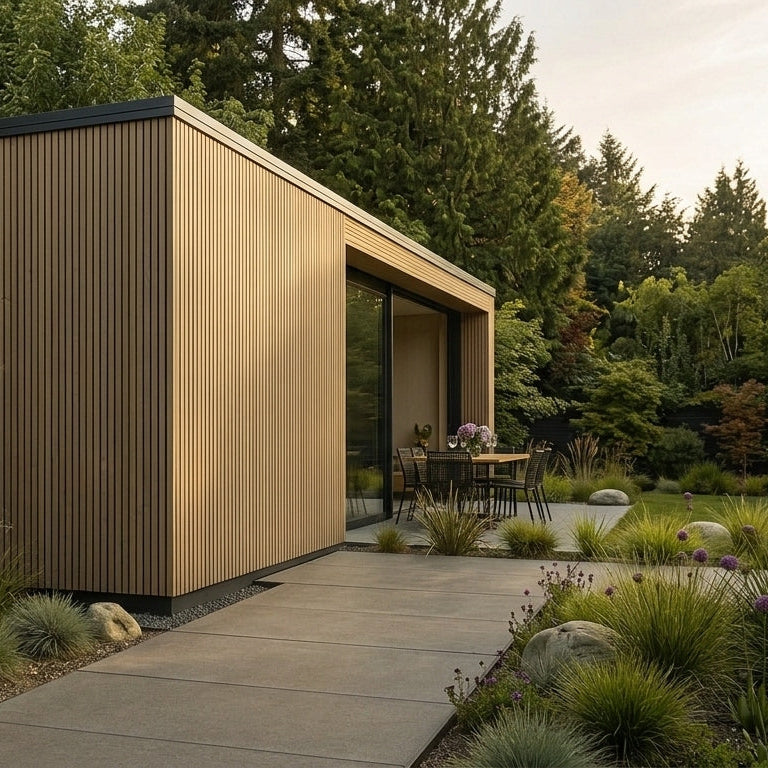 Composite slatted cladding desert sand black inlet - installed