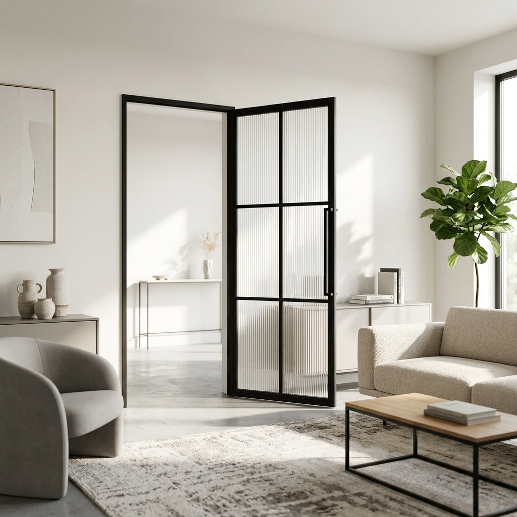 Crittall-doors Steel Black Urban Style Internal Door Porto Reeded Glass