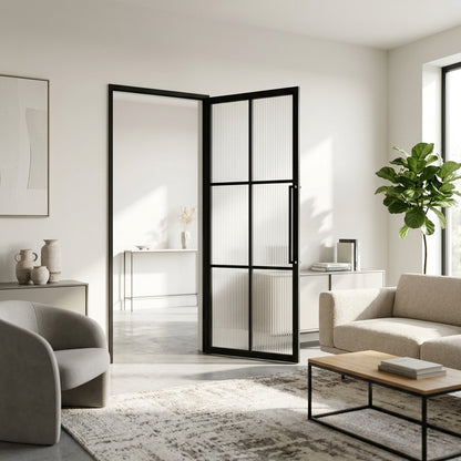 Crittall-doors Steel Black Urban Style Internal Door Porto Reeded Glass