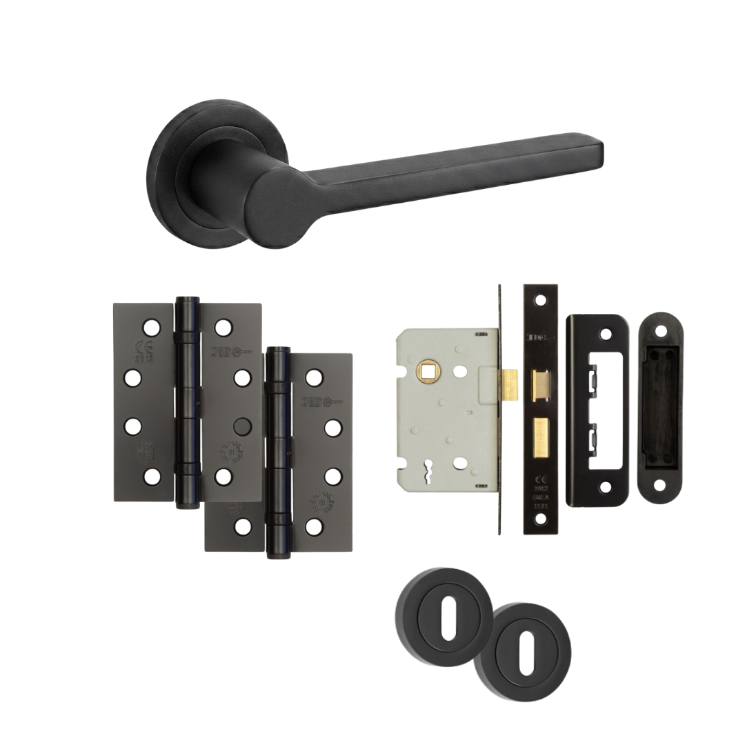 Florence Matt Black Door Handle Bathroom Lock Set