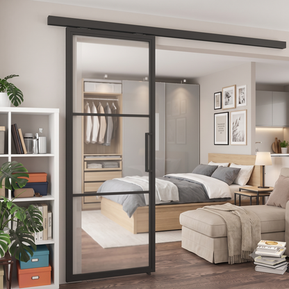 Steel black modern sliding door Vienna with 3 panel clear glass - urban style interior door