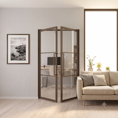 Bronze powder coated steel frame detail on modern glass door Lisbon