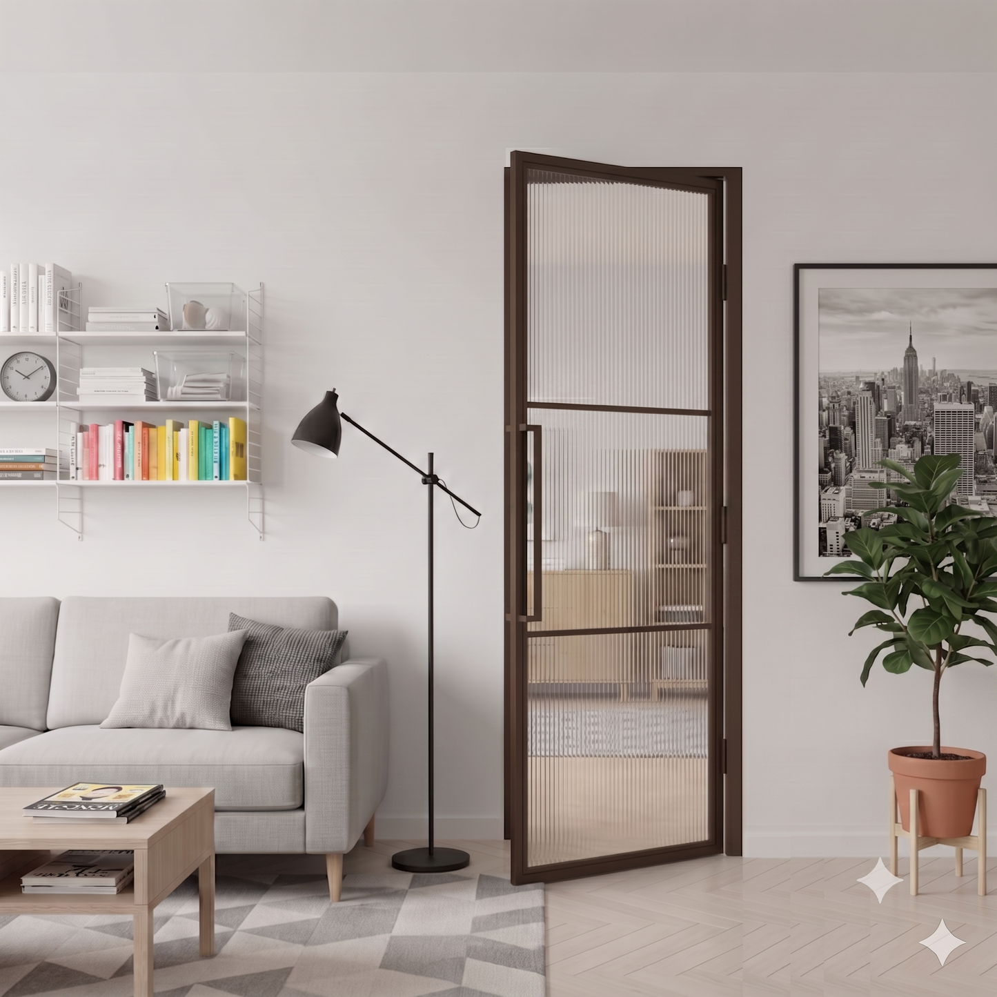 Steel bronze modern internal reeded glass door Lisbon - urban style interior door RAL 8014