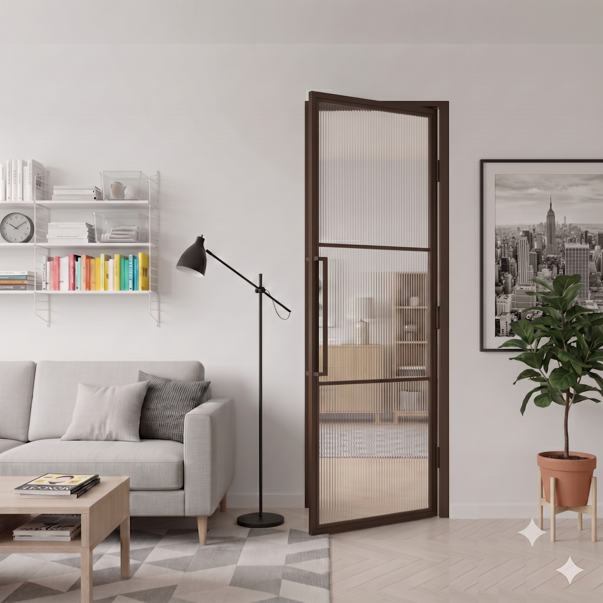 Steel bronze modern internal reeded glass door Lisbon - urban style interior door RAL 8014