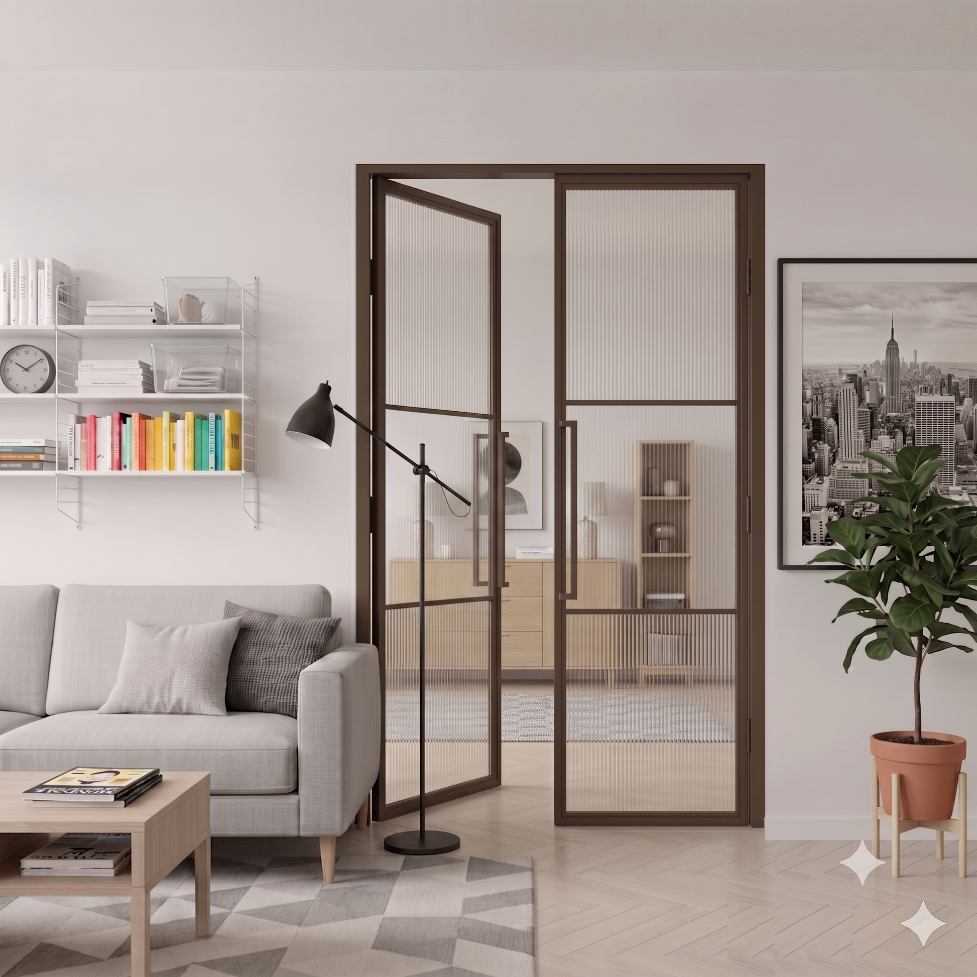Bronze powder coated steel frame detail on reeded glass door Lisbon