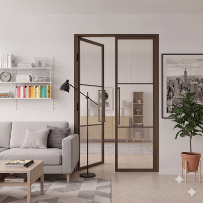 Bronze powder coated steel frame detail on reeded glass door Lisbon