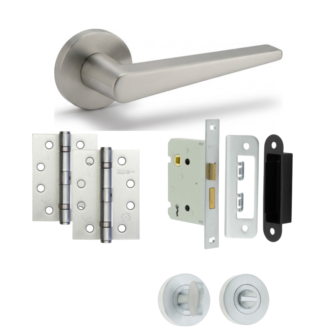 Geneva satin nickel door handle with hinges, bathroom lock and thumb turn