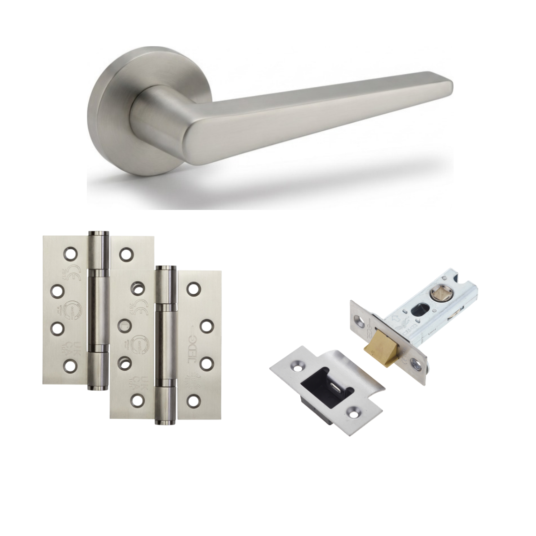 Geneva satin nickel door handle with satin hinges and tubular latch