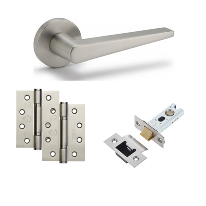 Geneva satin nickel door handle with satin hinges and tubular latch