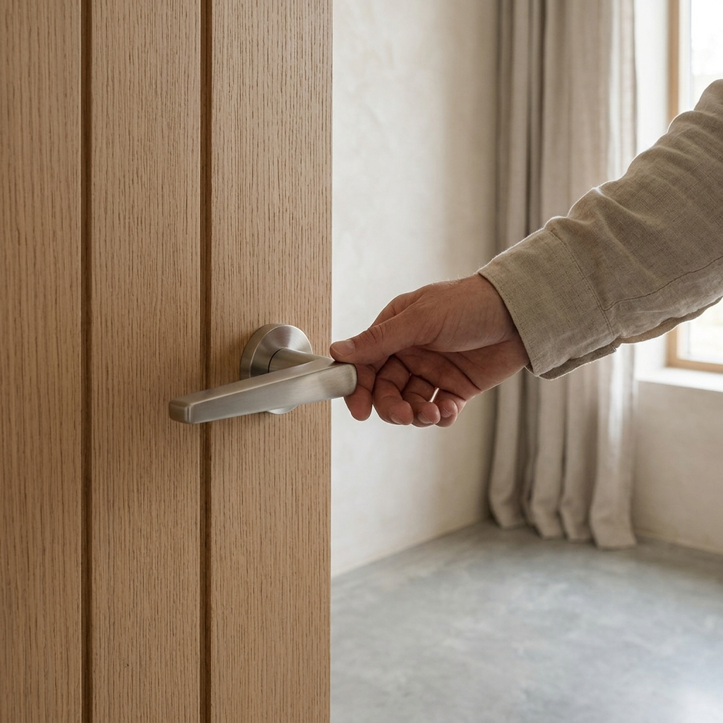 Geneva satin nickel internal door handle, tapered lever on round rose, fitted to an oak door